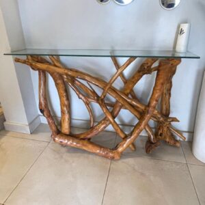Natural Wood Root Console Table with Glass Top